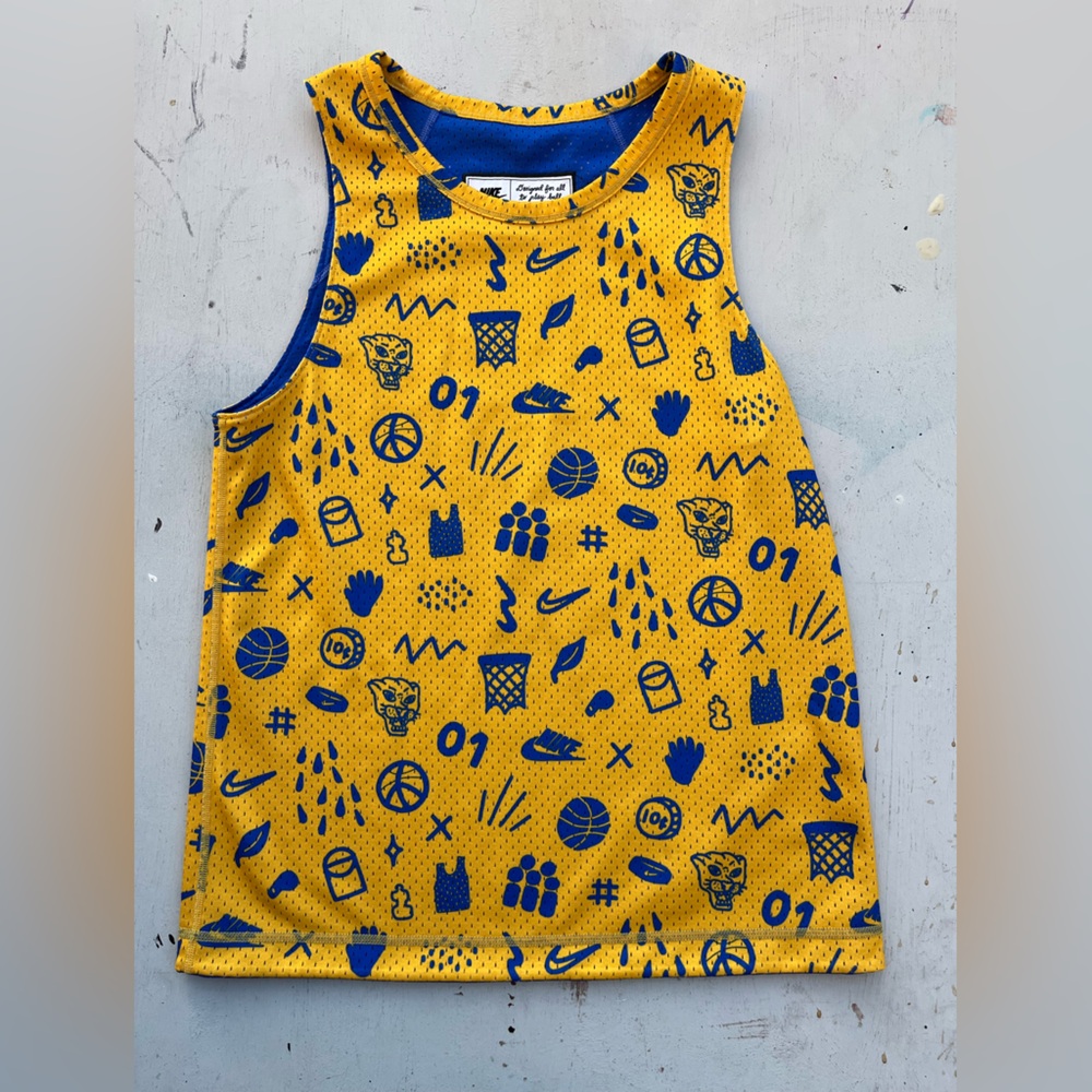 Men's Nike Tank Top Blue Yellow Swish Logo S Streetwear Active Summer Reversible